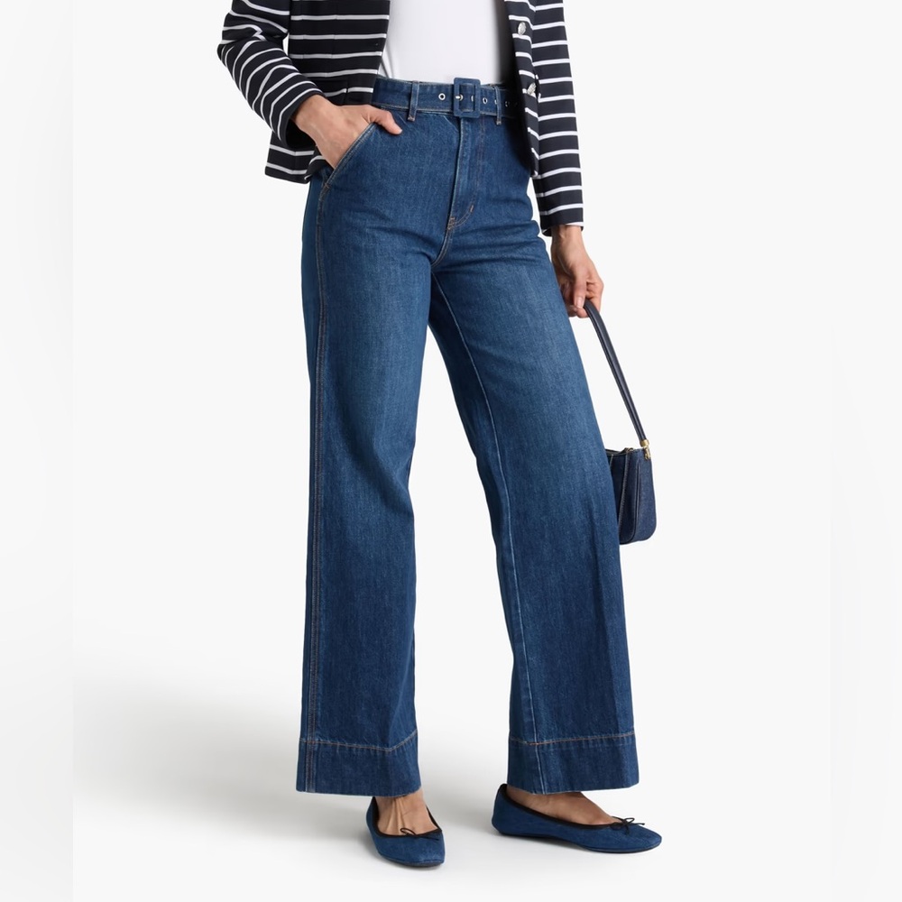 Veronica Beard Taylor Wide Leg High Rise Dark Denim Belted Long Trouser Jeans 27 - Picture 11 of 11